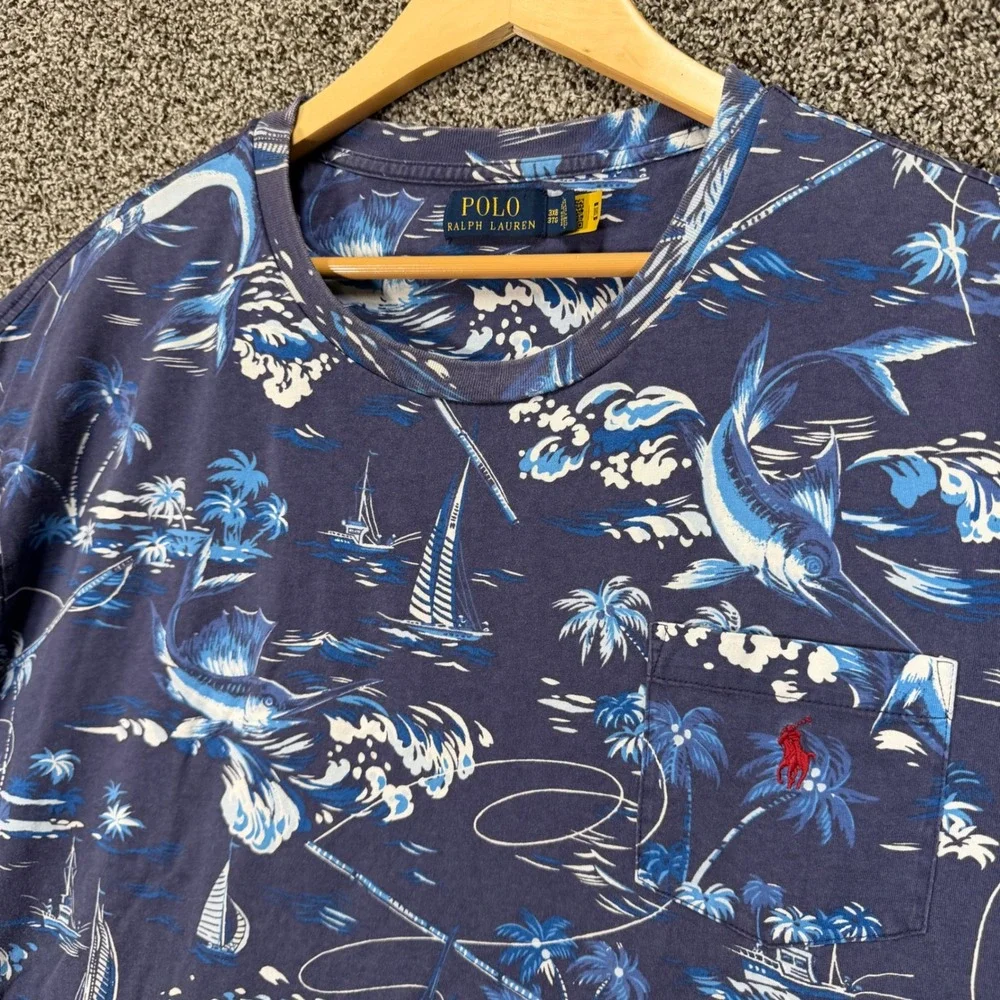 Polo Ralph Lauren T-Shirt Men 3XB Blue Marlin Fishing AOP Cotton Pocket Tee Pony